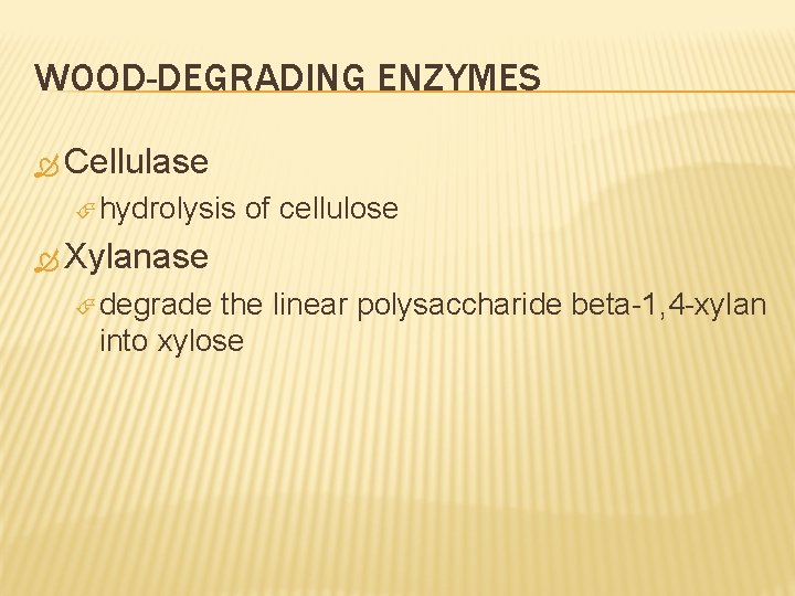 WOOD-DEGRADING ENZYMES Cellulase hydrolysis of cellulose Xylanase degrade the linear polysaccharide beta-1, 4 -xylan