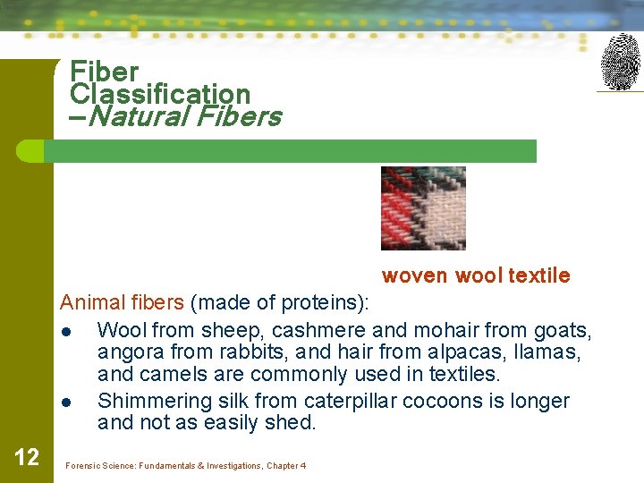 Fiber Classification —Natural Fibers woven wool textile Animal fibers (made of proteins): l Wool