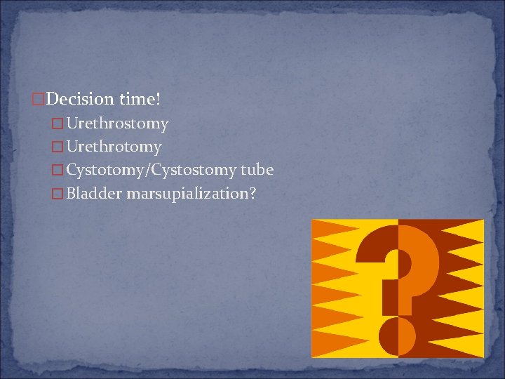 �Decision time! �Urethrostomy �Urethrotomy �Cystotomy/Cystostomy tube �Bladder marsupialization? 