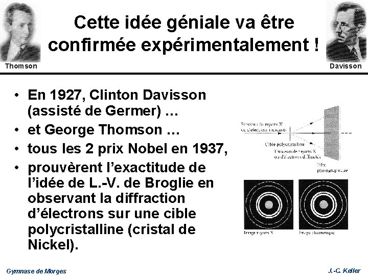 Cette idée géniale va être confirmée expérimentalement ! Thomson Davisson • En 1927, Clinton