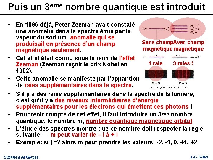 Puis un 3ème nombre quantique est introduit • En 1896 déjà, Peter Zeeman avait