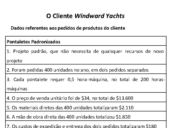 O Cliente Windward Yachts O Cliente Dados referentes aos pedidos de produtos do cliente