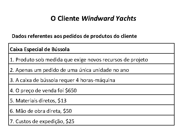 O Cliente Windward Yachts O Cliente Dados referentes aos pedidos de produtos do cliente