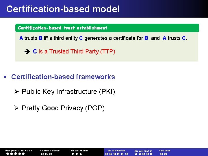 Certification-based model Certification-based trust establishment A trusts B iff a third entity C generates