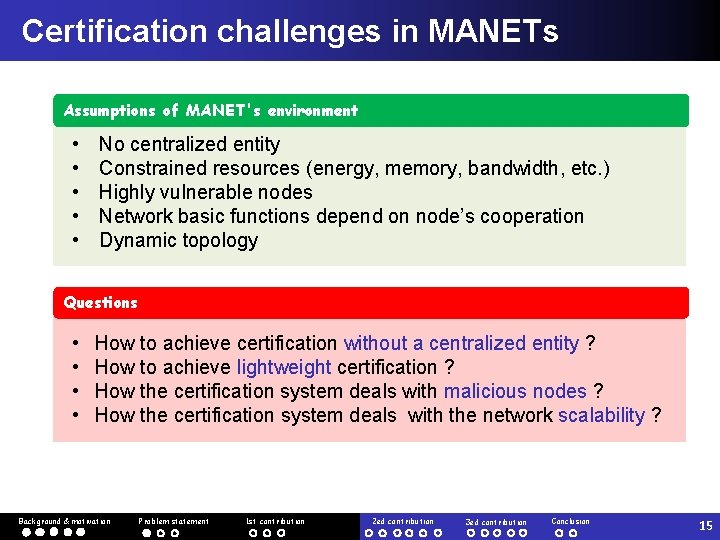 Certification challenges in MANETs Assumptions of MANET's environment • • • No centralized entity