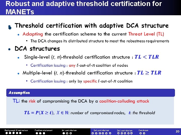 Robust and adaptive threshold certification for MANETs Assumption Background & motivation Problem statement 1