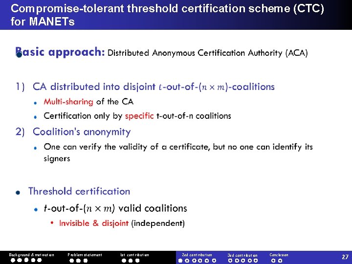 Compromise-tolerant threshold certification scheme (CTC) for MANETs Background & motivation Problem statement 1 st