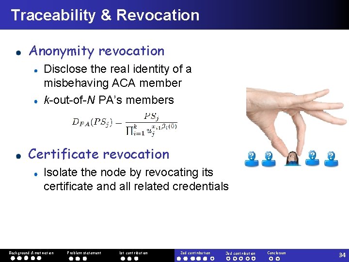 Traceability & Revocation Anonymity revocation Disclose the real identity of a misbehaving ACA member