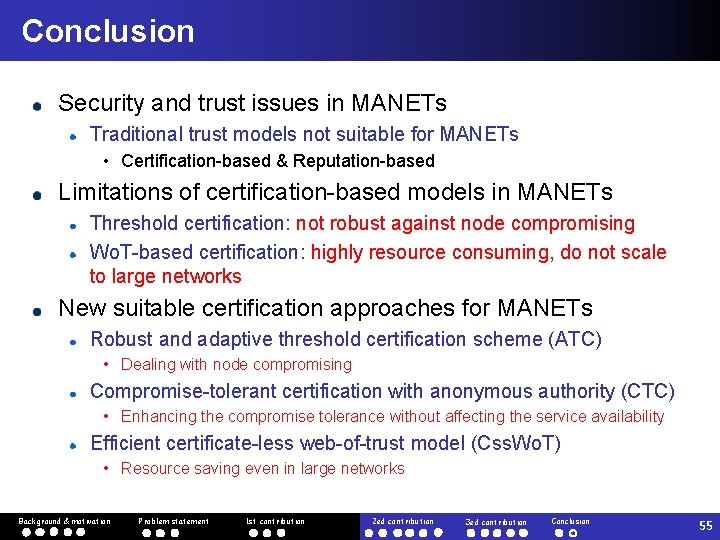 Conclusion Security and trust issues in MANETs Traditional trust models not suitable for MANETs