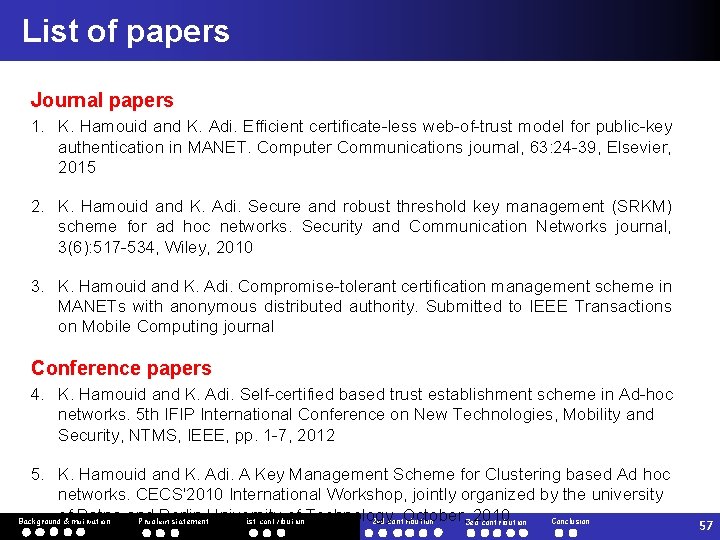 List of papers Journal papers 1. K. Hamouid and K. Adi. Efficient certificate-less web-of-trust