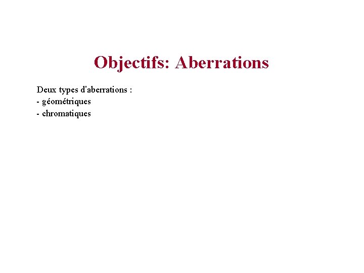 Objectifs: Aberrations Deux types d’aberrations : - géométriques - chromatiques 