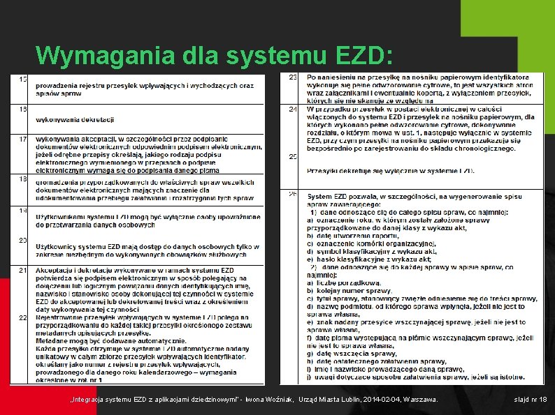 Wymagania dla systemu EZD: „Integracja systemu EZD z aplikacjami dziedzinowymi” - Iwona Woźniak, Urząd