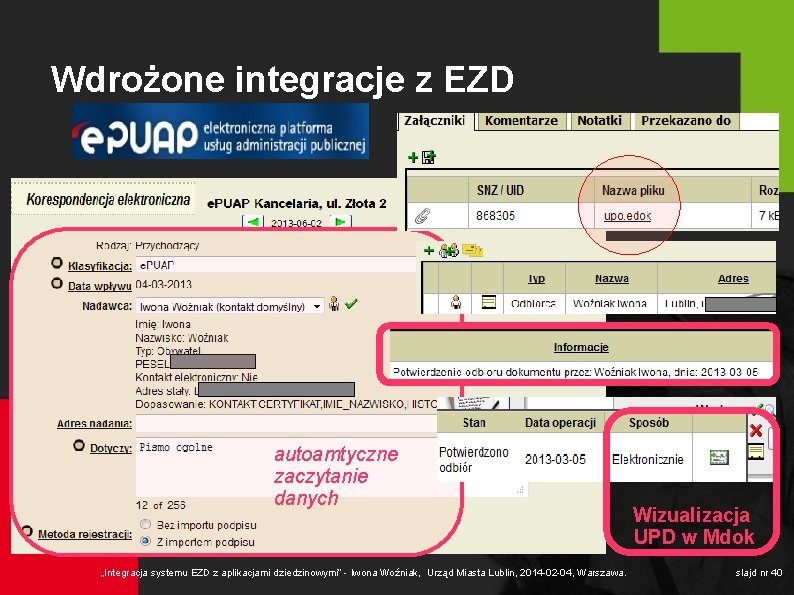 Wdrożone integracje z EZD autoamtyczne zaczytanie danych „Integracja systemu EZD z aplikacjami dziedzinowymi” -