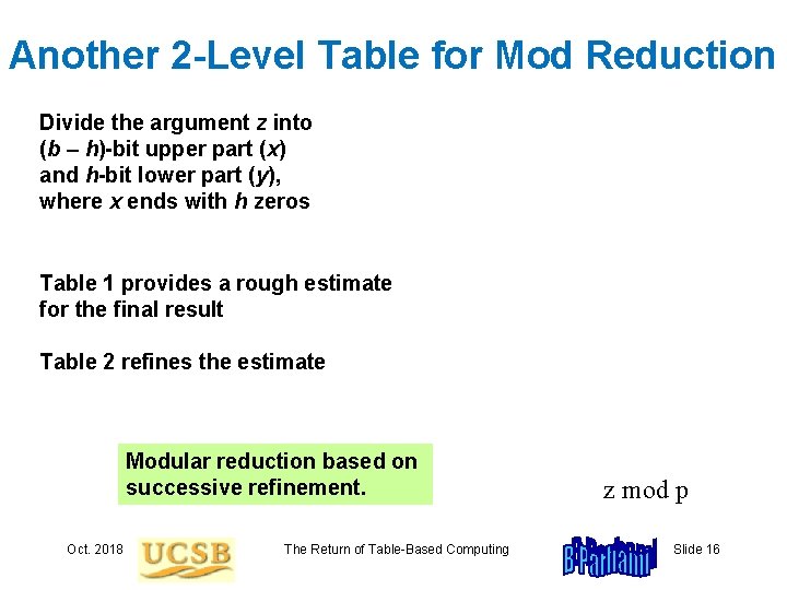 Another 2 -Level Table for Mod Reduction Divide the argument z into (b –