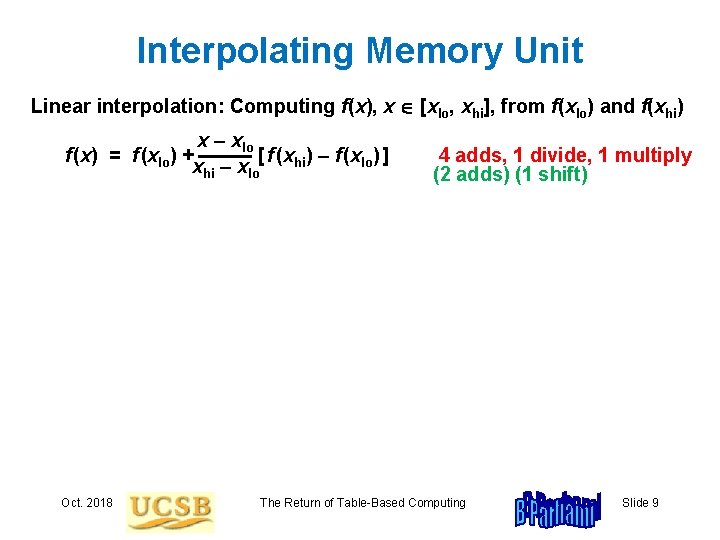 Interpolating Memory Unit Linear interpolation: Computing f(x), x [xlo, xhi], from f(xlo) and f(xhi)