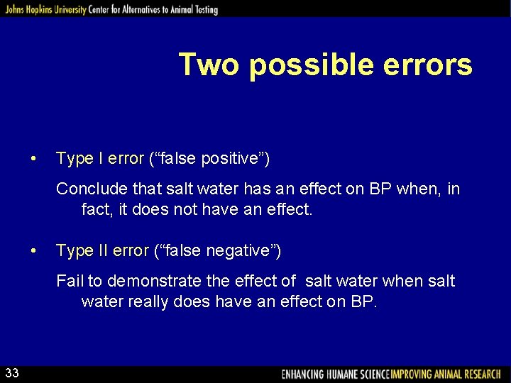 Two possible errors • Type I error (“false positive”) Conclude that salt water has