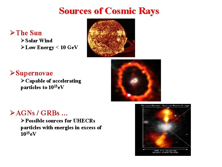 Sources of Cosmic Rays The Sun Solar Wind Low Energy < 10 Ge. V