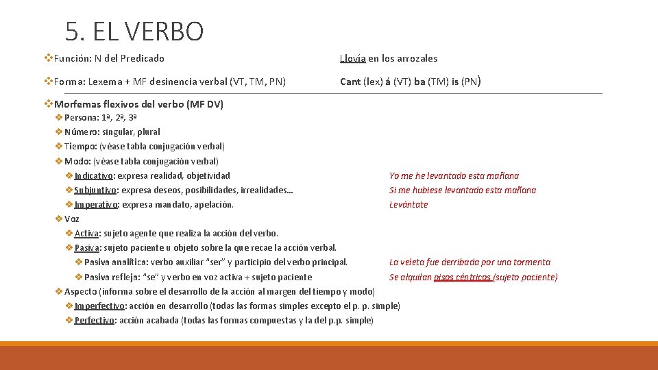 5. EL VERBO v. Función: N del Predicado Llovía en los arrozales Llovía v.