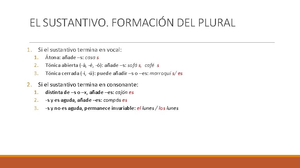 EL SUSTANTIVO. FORMACIÓN DEL PLURAL 1. Si el sustantivo termina en vocal: 1. 2. EL SUSTANTIVO. FORMACIÓN DEL PLURAL 1. Si el sustantivo termina en vocal: 1. 2.