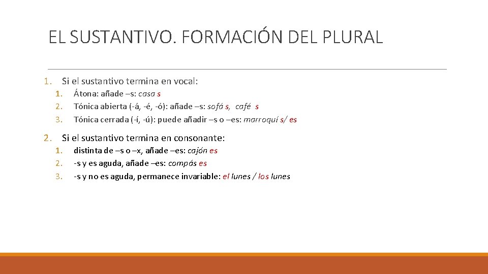 EL SUSTANTIVO. FORMACIÓN DEL PLURAL 1. Si el sustantivo termina en vocal: 1. 2.