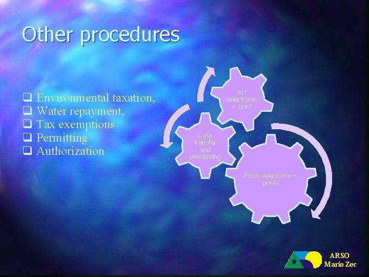 Other procedures q Environmental taxation, q Water repayment, q Tax exemptions q Permitting q