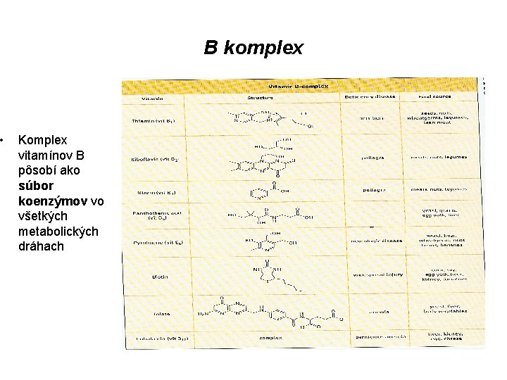  • B komplex Komplex vitamínov B pôsobí ako súbor koenzýmov vo všetkých metabolických