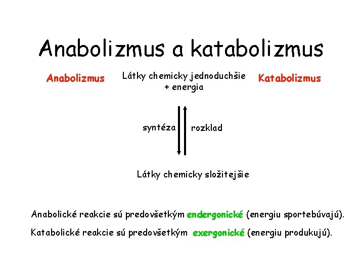 Anabolizmus a katabolizmus Anabolizmus Látky chemicky jednoduchšie + energia syntéza Katabolizmus rozklad Látky chemicky