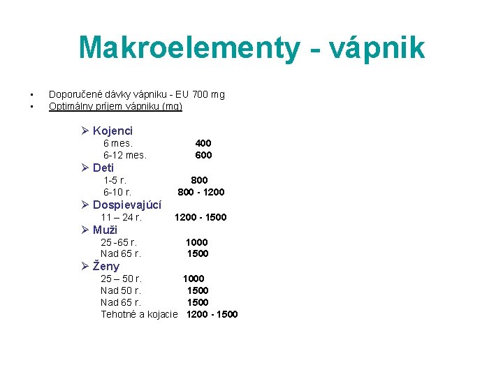 Makroelementy - vápnik • • Doporučené dávky vápniku EU 700 mg Optimálny príjem vápniku