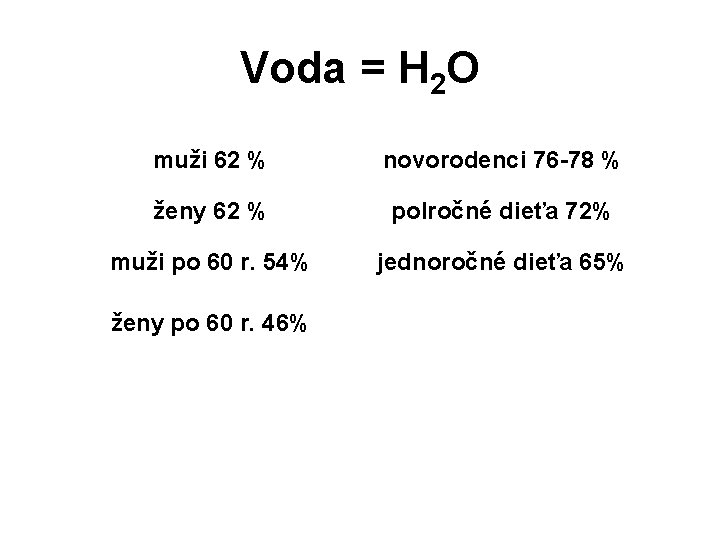 Voda = H 2 O muži 62 % novorodenci 76 -78 % ženy 62