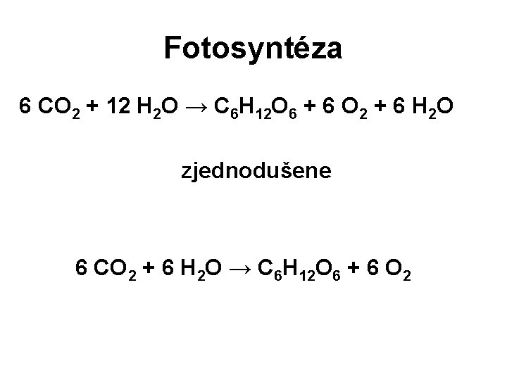 Fotosyntéza 6 CO 2 + 12 H 2 O → C 6 H 12