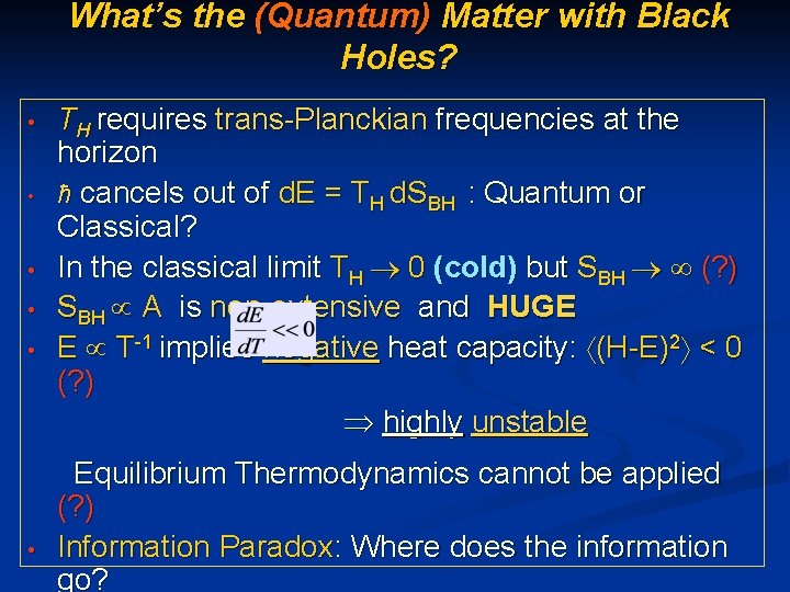 What’s the (Quantum) Matter with Black Holes? • • • TH requires trans-Planckian frequencies