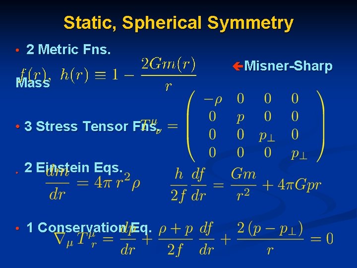 Static, Spherical Symmetry • 2 Metric Fns. Misner-Sharp Mass • 3 Stress Tensor Fns.