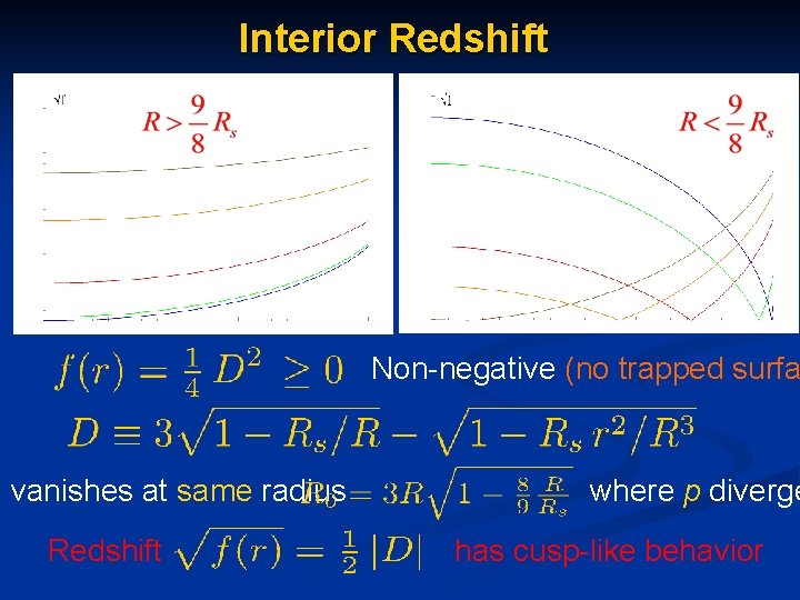 Interior Redshift Non-negative (no trapped surfa vanishes at same radius Redshift where p diverge