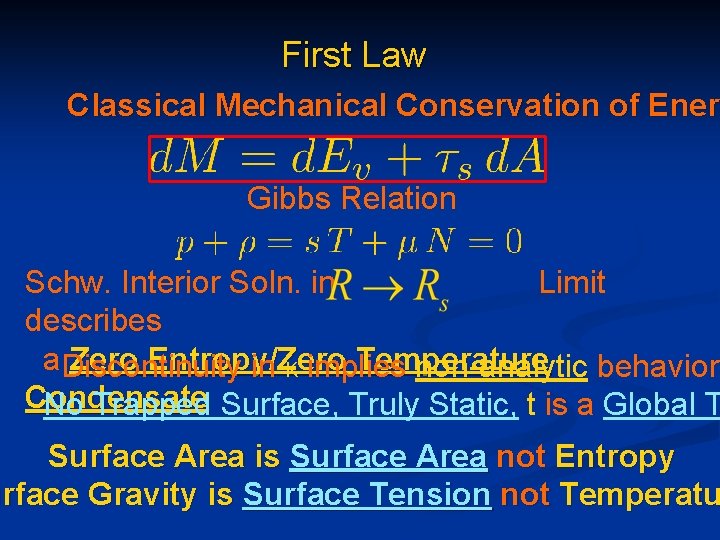 First Law Classical Mechanical Conservation of Energ Ener Gibbs Relation Schw. Interior Soln. in