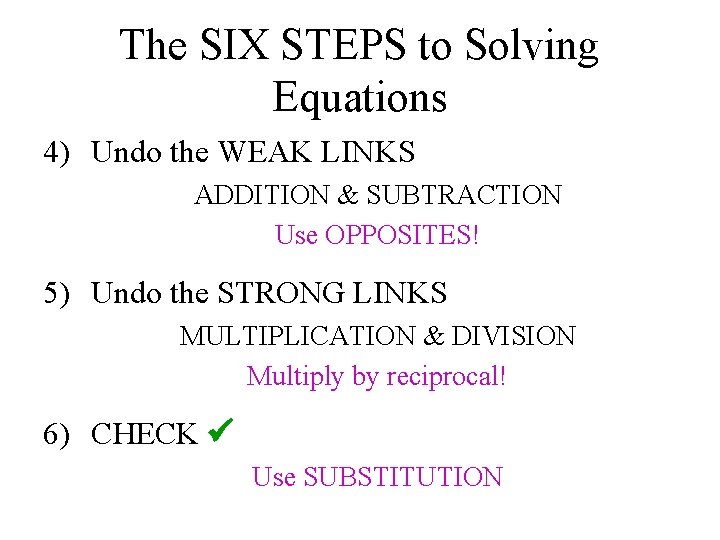 The SIX STEPS to Solving Equations 4) Undo the WEAK LINKS ADDITION & SUBTRACTION