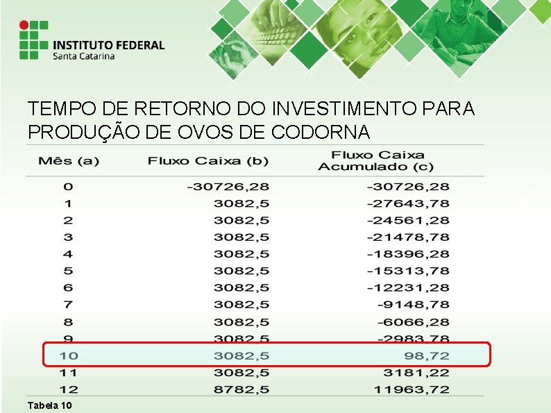 TEMPO DE RETORNO DO INVESTIMENTO PARA PRODUÇÃO DE OVOS DE CODORNA Tabela 10 