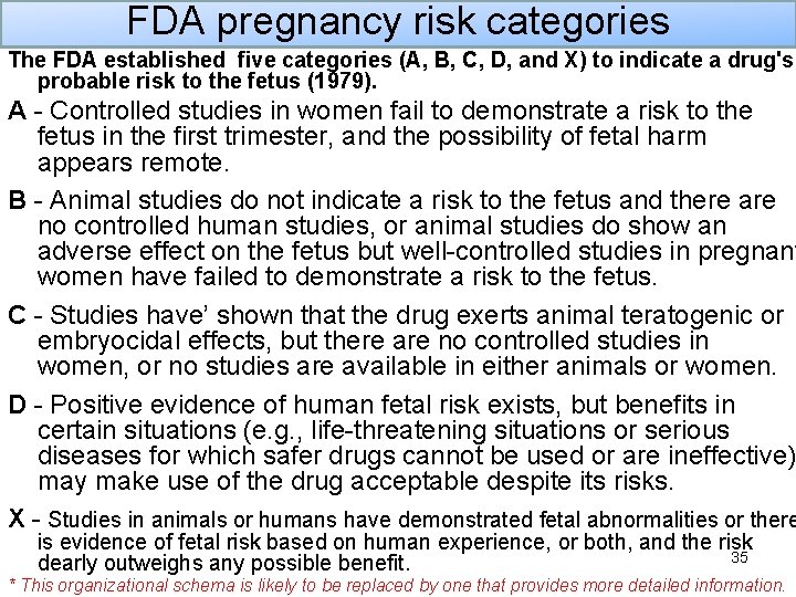 FDA pregnancy risk categories The FDA established five categories (A, B, C, D, and