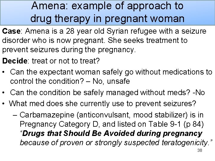 Amena: example of approach to drug therapy in pregnant woman Case: Amena is a