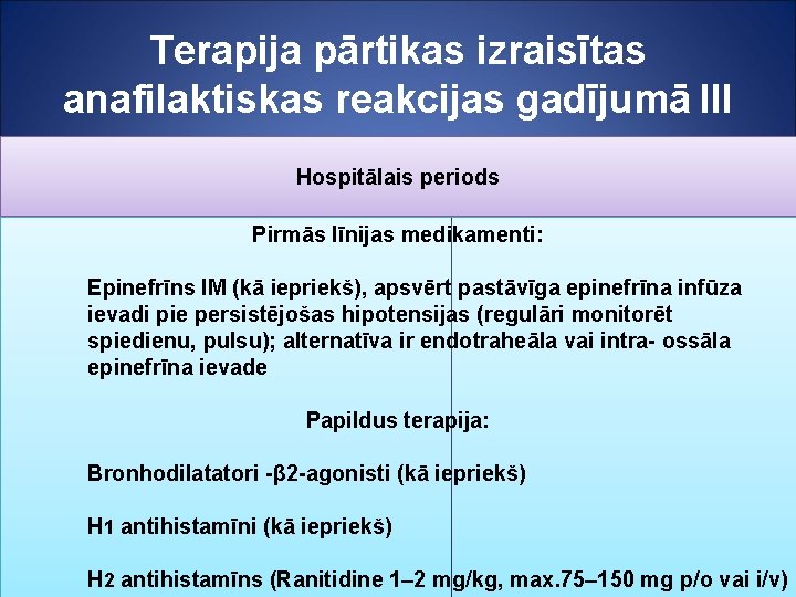 Terapija pārtikas izraisītas anafilaktiskas reakcijas gadījumā III Hospitālais periods Pirmās līnijas medikamenti: Epinefrīns IM