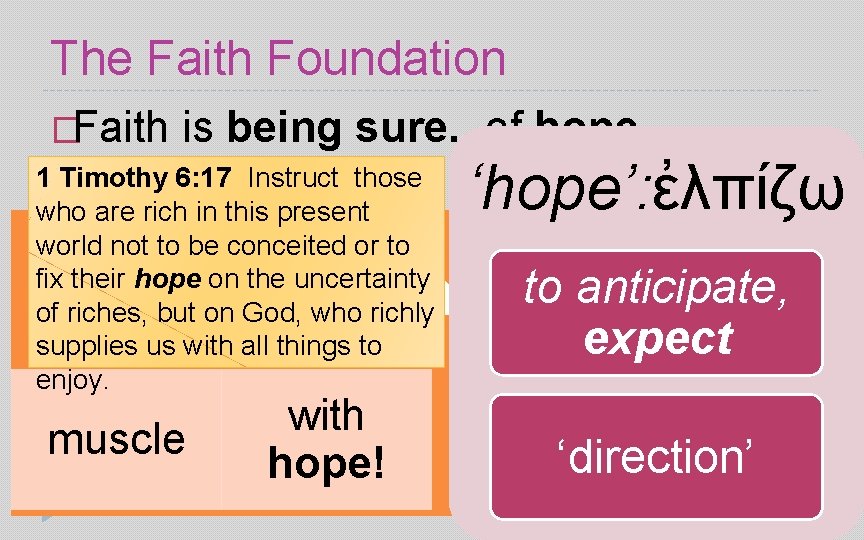 The Faith Foundation �Faith is being sure. . of hope 1 Timothy 6: 17