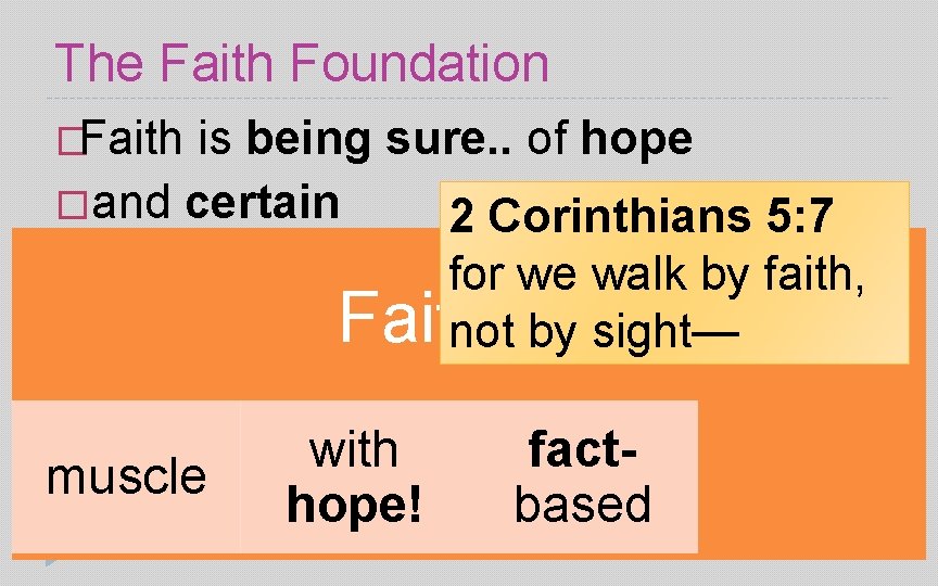 The Faith Foundation �Faith is being sure. . of hope �and certain 2 Corinthians