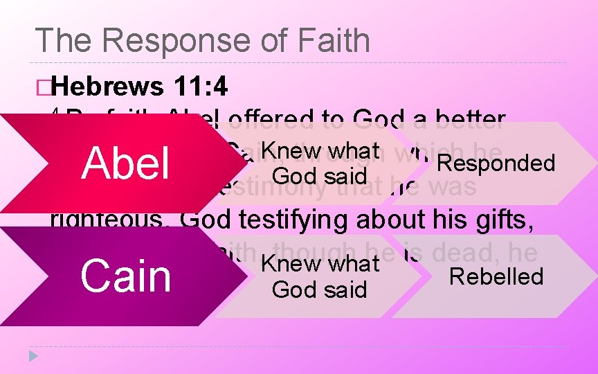 The Response of Faith �Hebrews 11: 4 4 By faith Abel offered to God