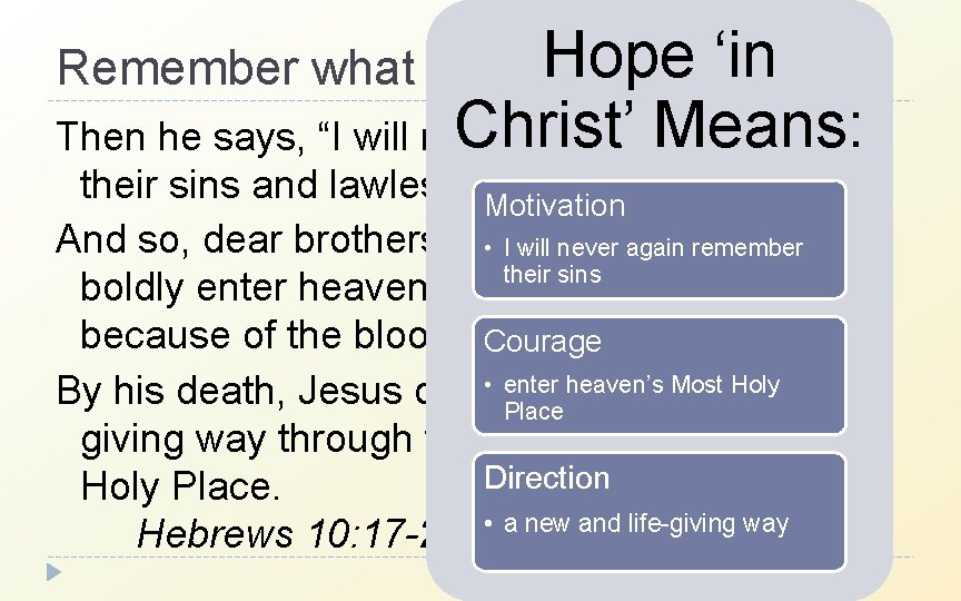 Hope Remember what “Hope” looks ‘in like? Christ’ Means: Then he says, “I will