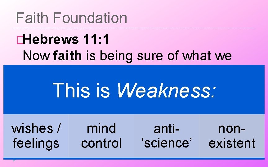 Faith Foundation �Hebrews 11: 1 Now faith is being sure of what we hope