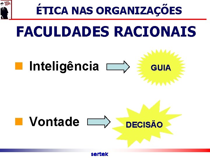 ÉTICA NAS ORGANIZAÇÕES FACULDADES RACIONAIS n Inteligência n Vontade GUIA DECISÃO sertek 