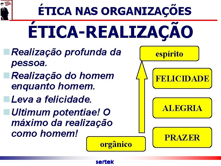 ÉTICA NAS ORGANIZAÇÕES ÉTICA-REALIZAÇÃO n Realização profunda da pessoa. n Realização do homem enquanto