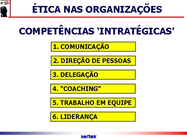 ÉTICA NAS ORGANIZAÇÕES COMPETÊNCIAS ‘INTRATÉGICAS’ 1. COMUNICAÇÃO 2. DIREÇÃO DE PESSOAS 3. DELEGAÇÃO 4.