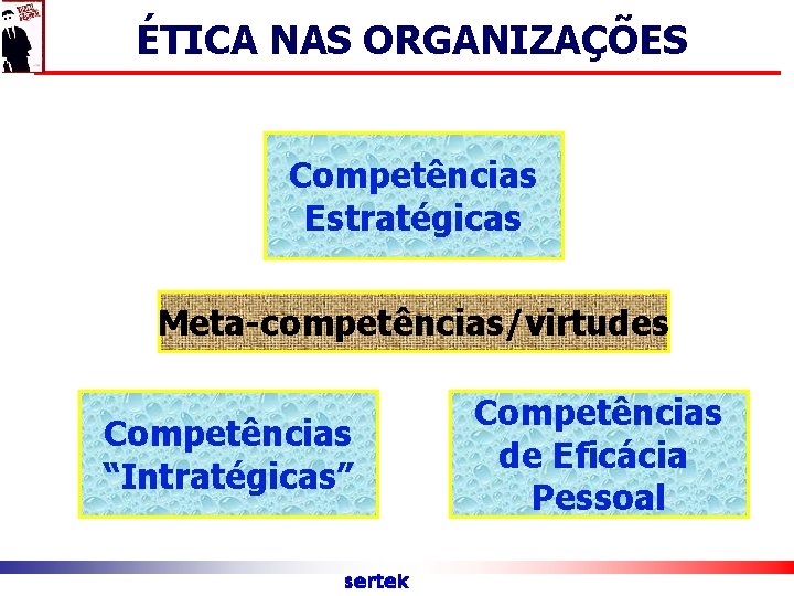 ÉTICA NAS ORGANIZAÇÕES Competências Estratégicas Meta-competências/virtudes Competências “Intratégicas” sertek Competências de Eficácia Pessoal 