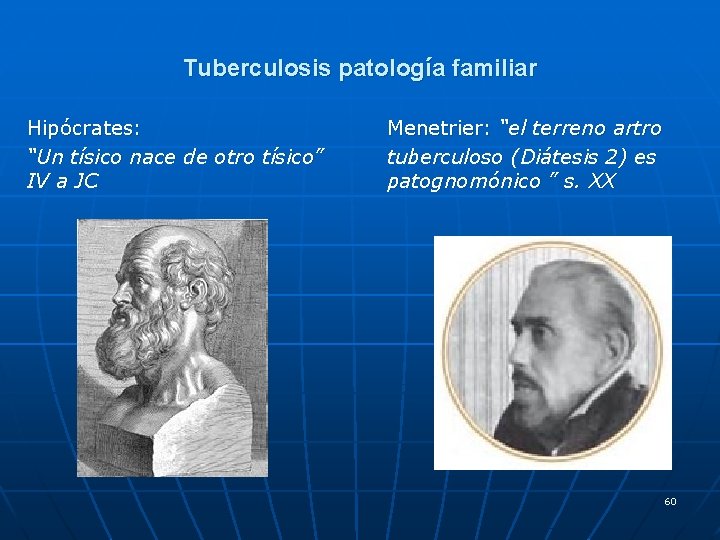 Tuberculosis patología familiar Hipócrates: “Un tísico nace de otro tísico” IV a JC Menetrier: