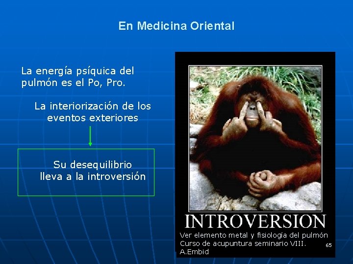 En Medicina Oriental La energía psíquica del pulmón es el Po, Pro. La interiorización